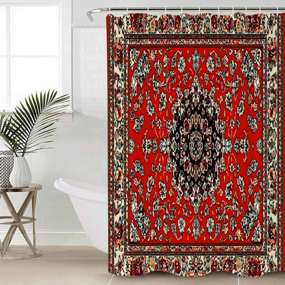 Red Bohemian Waterproof Fabric Shower Curtain, Boho Flower Abstract Modern Retro Art Shower Curtain for Bathroom Curtains Bathtubs Hotel Washable Shower Curtains with 12 Hooks Standard 72x72