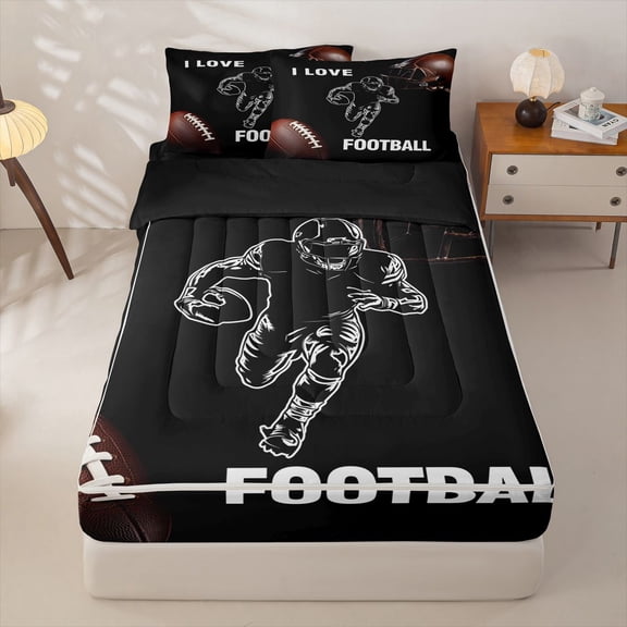 Homewish I Love Football Zipper Twin Comforter Sets with Fitted Sheet and 2 Pillowcases, Sport Zipper Bedding Set for Men and Boys, Black Reversible, 4 Pieces