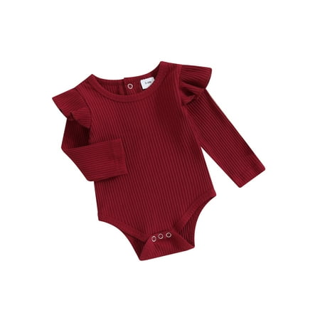 

Baby Girls Autumn Long Sleeve Solid Color Ruffle Ribbed Romper