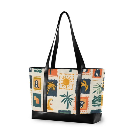 FORMRS Canvas Laptop Tote Bag for Women with 15.6" Computer Compartments Shoulder Handbag, Beige Playful Stamp