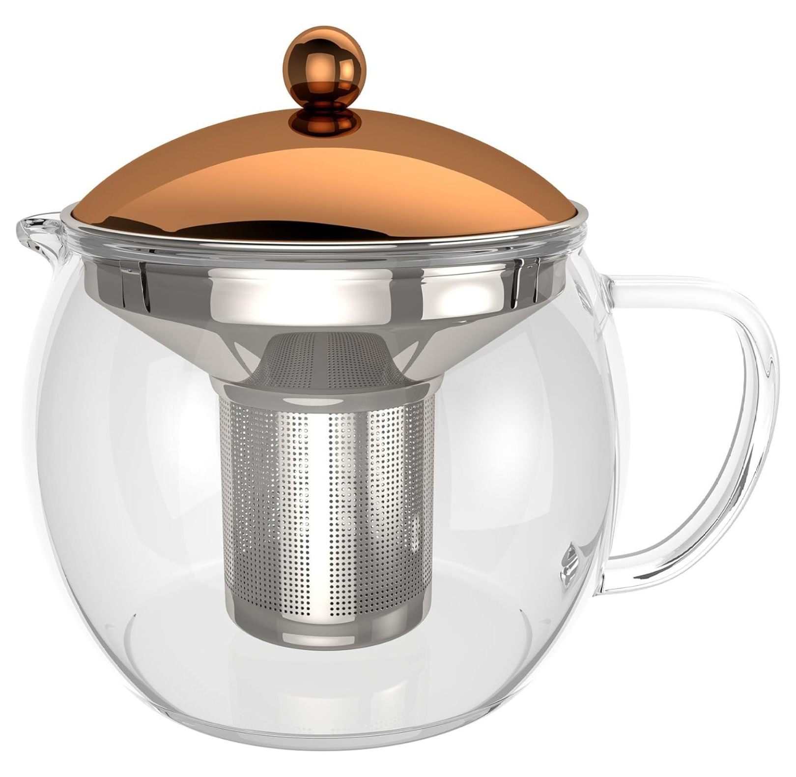 TEMPA Tea Infuser - Removable Stainless Steel Strainer, Teapot with Tea Diffuser for Loose Leaf Tea or Detox Teas, Heat Resistant Borosilicate Glass With Lid In Copper Finish, 1.60QT