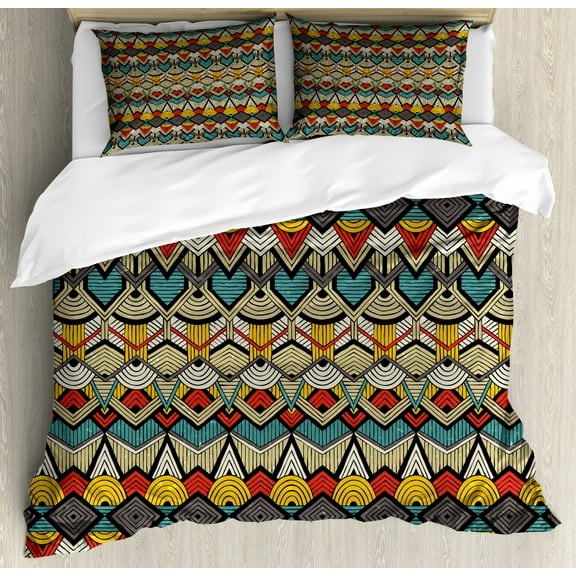African Duvet Cover Set Queen Size, Tribal Chevron Zigzags and Half Circles Folkloric Elements Sharp Canonical Motifs, Decorative 3 Piece Bedding Set with 2 Pillow Shams, Multicolor, by Ambesonne