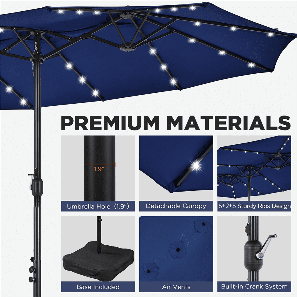 Renwick 13ft Large Patio Umbrella with Solar Lights & Base, Navy Blue