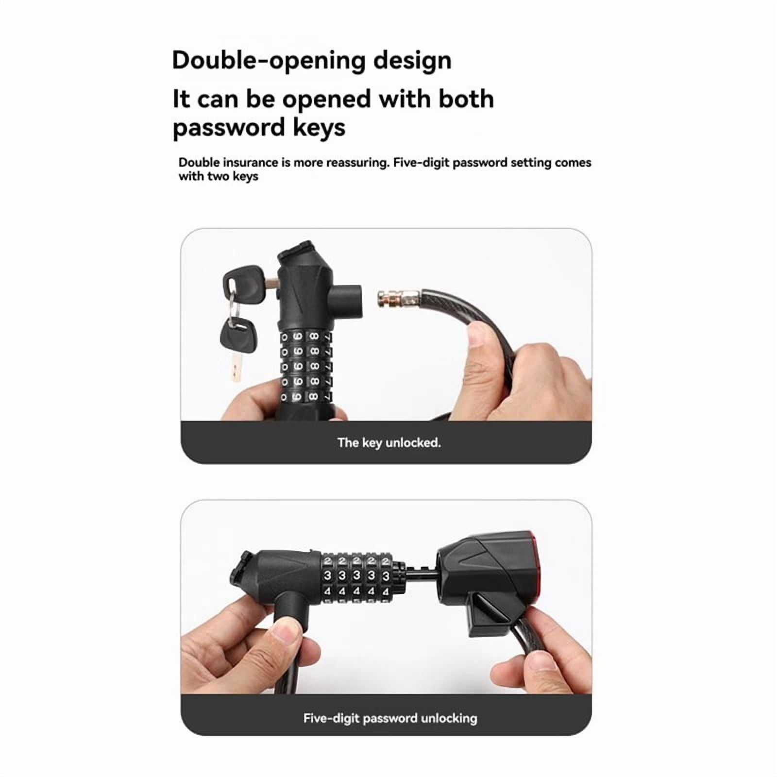 Bicycle Lock with Light 5 Digit Security Password Bike Lock Steel Cable Chain Anti-Theft Lock for Road Bike Black,1 x Bicycle Lock with Light,Black
