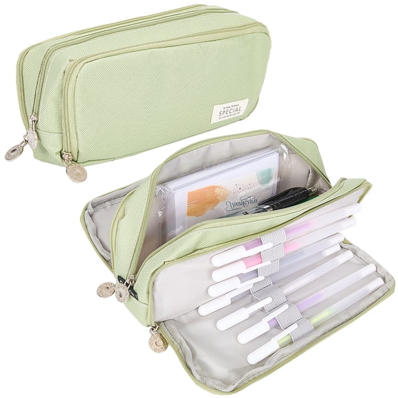 Canvas Pouch Large Capacity Portable Bag Compartments Stationery Organizer Cosmetic Pouch Supplies for Journaling Travel Makeup Brushes Sea Green