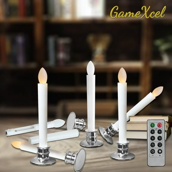 6 Pack Flameless Taper Candles Electric Window Candles with Removable Holders LED Christmas Timer Wedding Party Decoration With Silver Base