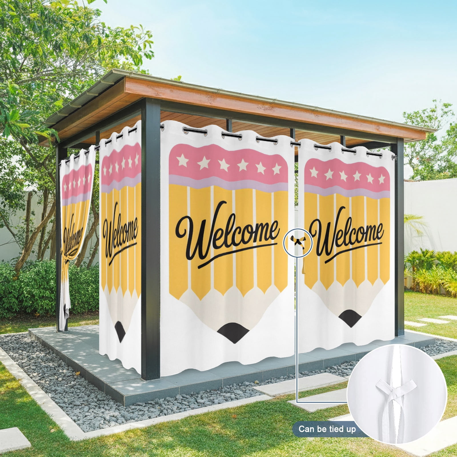 Yellow Pencil Outdoor Curtains for Patio, Welcome Back to School Academic Simple Sunshade Privacy Drapes Grommet Waterproof Outside Curtains for Porch/Cabana/Balcony 54"x 108", 1 Panel