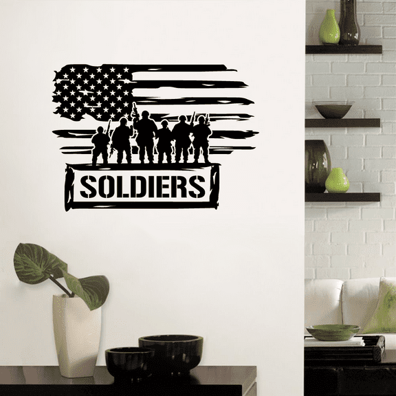 Soldiers - American Flag U.S. Army Military Soldiers Silhouette Soldier Army Troops Vinyl Wall Art Decal Sticker Decoration Boys Girls Home Room Bedroom Play Area Living Room Decor Size (24x40 inch)