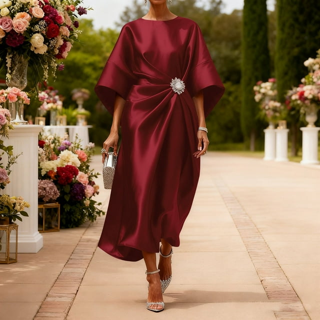 Mceream Robe Maxi en Satin à Manches Chauve-Souris pour Femmes Col Rond Taille Froncée Mariage Cocktail Soirée Formelle Grande Taille Rouge TTG