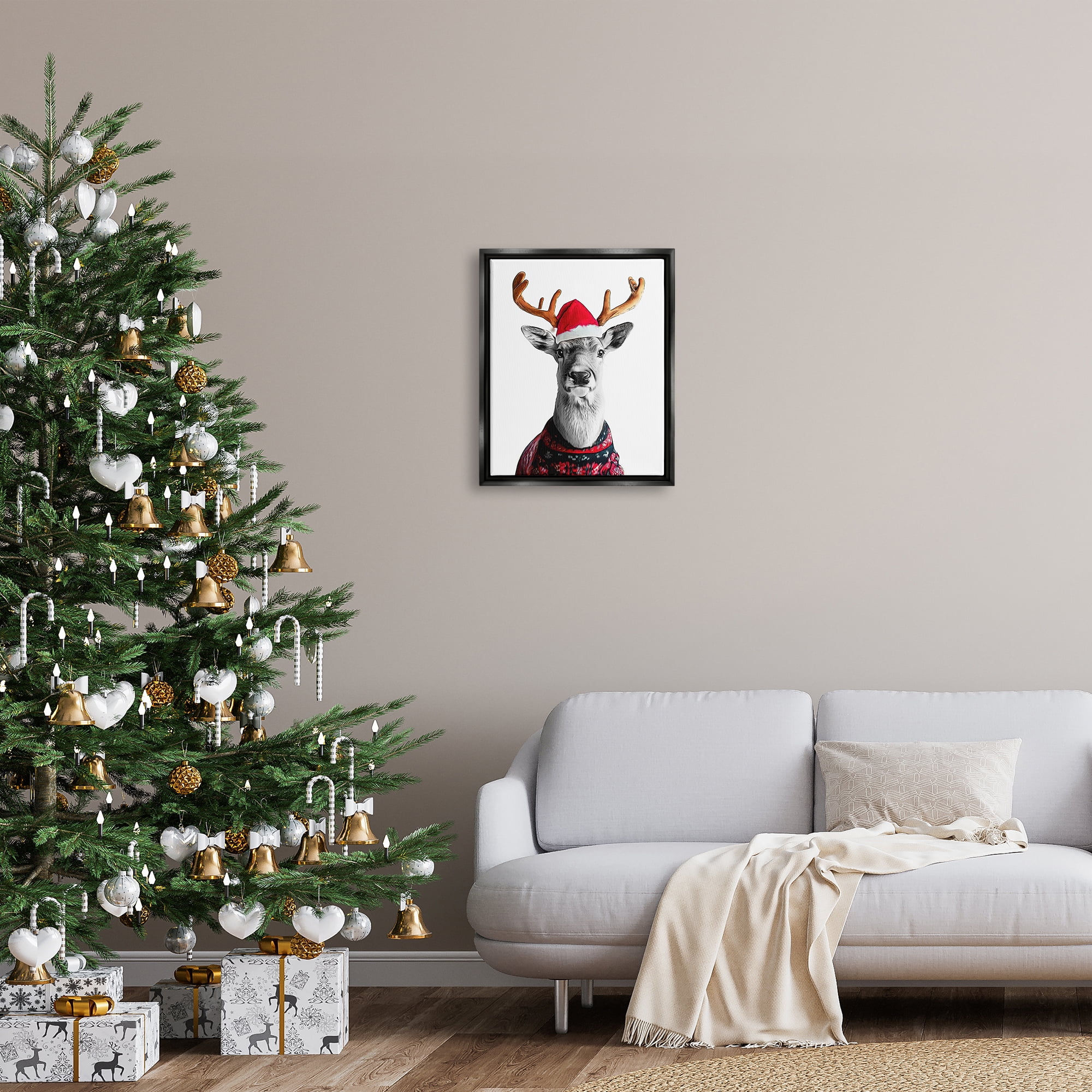 Stupell Industries Deer in Holiday Sweater Holiday Painting Black Floater Framed Canvas Art Print Wall Art, 17 x 21