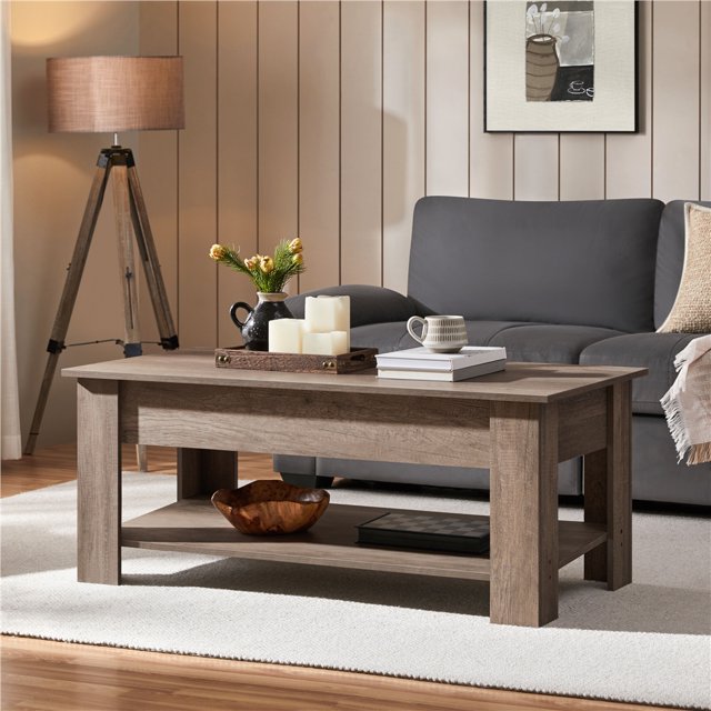 Yaheetech Table Basse à Plateau Relevable avec Compartiment Caché et Tablette Ouverte, Gris