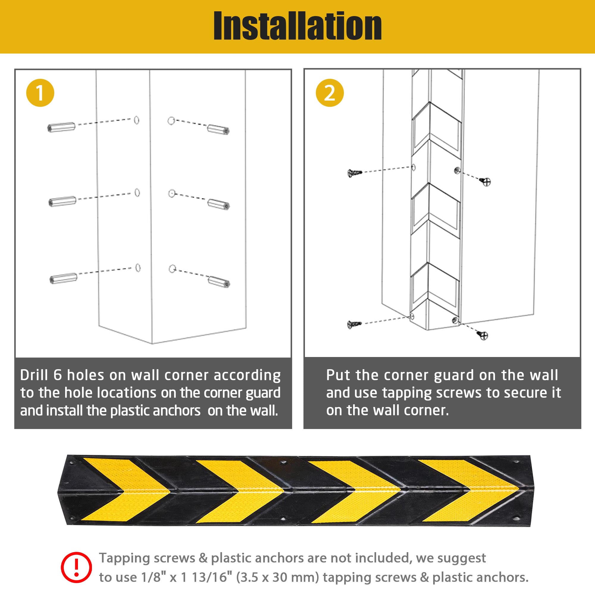 Yescom 31" Rubber L-Shape Corner Guard with Reflective Yellow Strip For Garage  Parking Lot 4 Packs