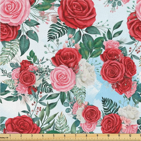 Ambesonne Delicate Roses Fabric by the Yard, Art Blooming Floral, 1 Yard, Dark Coral Pastel Pink