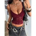 thumbnail image 6 of Women's V-Neck Floral Lace Spaghetti Strap Sheer Sleeveless Backless Cropped Tank Top Wine Red XL, 6 of 8