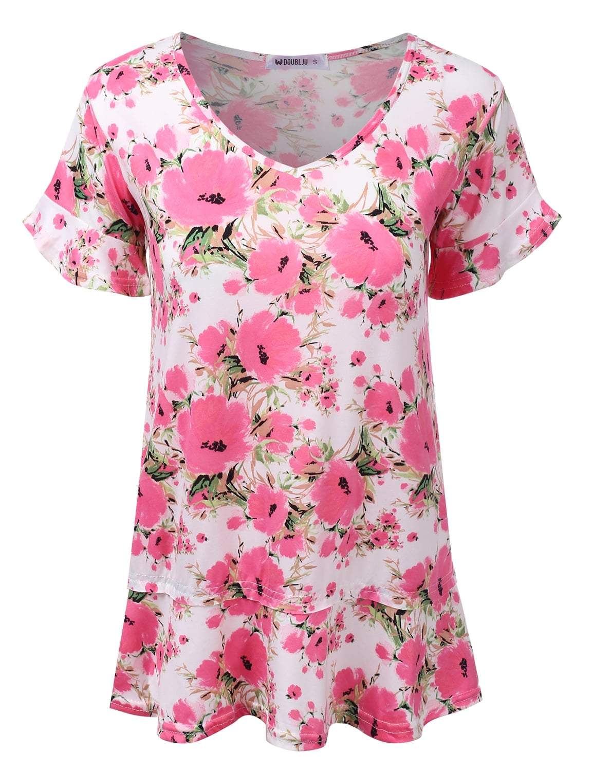 Doublju Women's Short Sleeves Flare Tunic Tops for Leggings Flowy Shirt