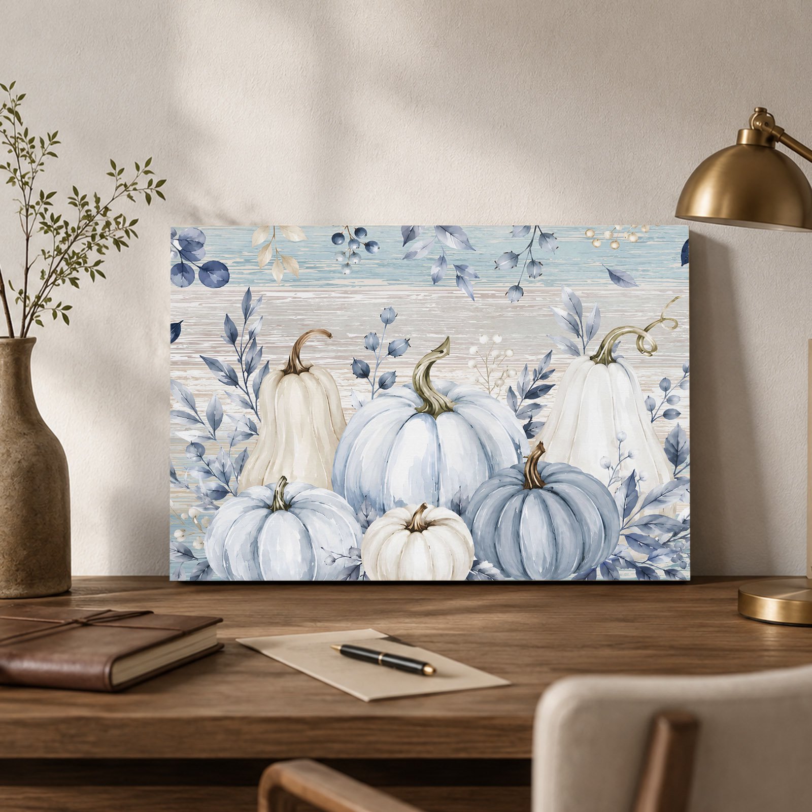 Thanksgiving Canvas Wall Art Fall Farmhouse Harvest Blue White Pumpkin Leaf Wall Art Prints Artwork Framed Canvas Ready to Hang Art Pictures for Bathroom Nightstand Narrow Hallway 14 x 11