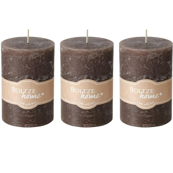 3 Piece Dark Taupe Pillar Candle Set, 4 Inches Tall, 45 Hours Burn Time, Unscented, Marbled Surface