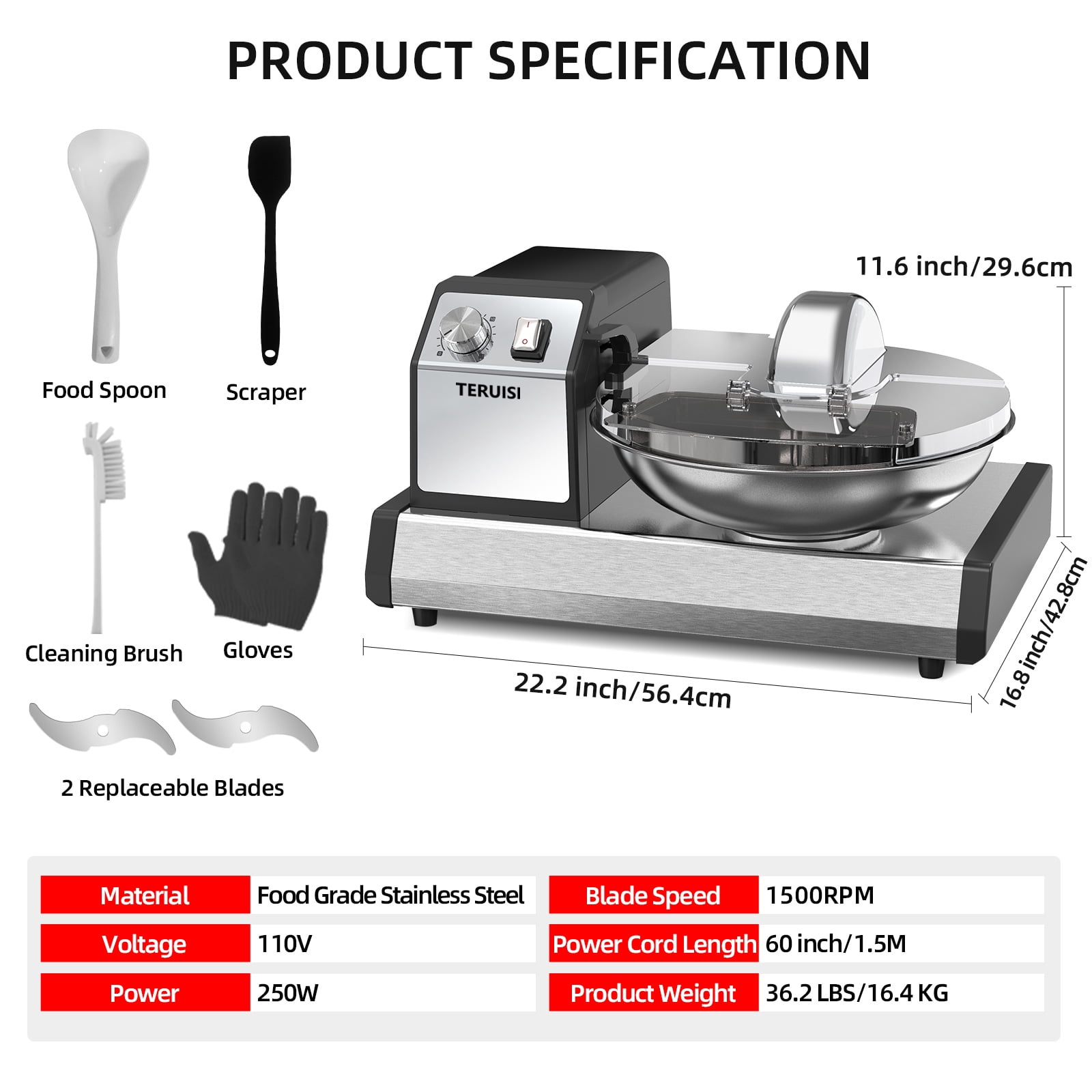 TERUISI Commercial 250W Heavy Duty Electric Food Processor with 1500RPM Blade, 6QT Stainless Steel Bowl and Timer