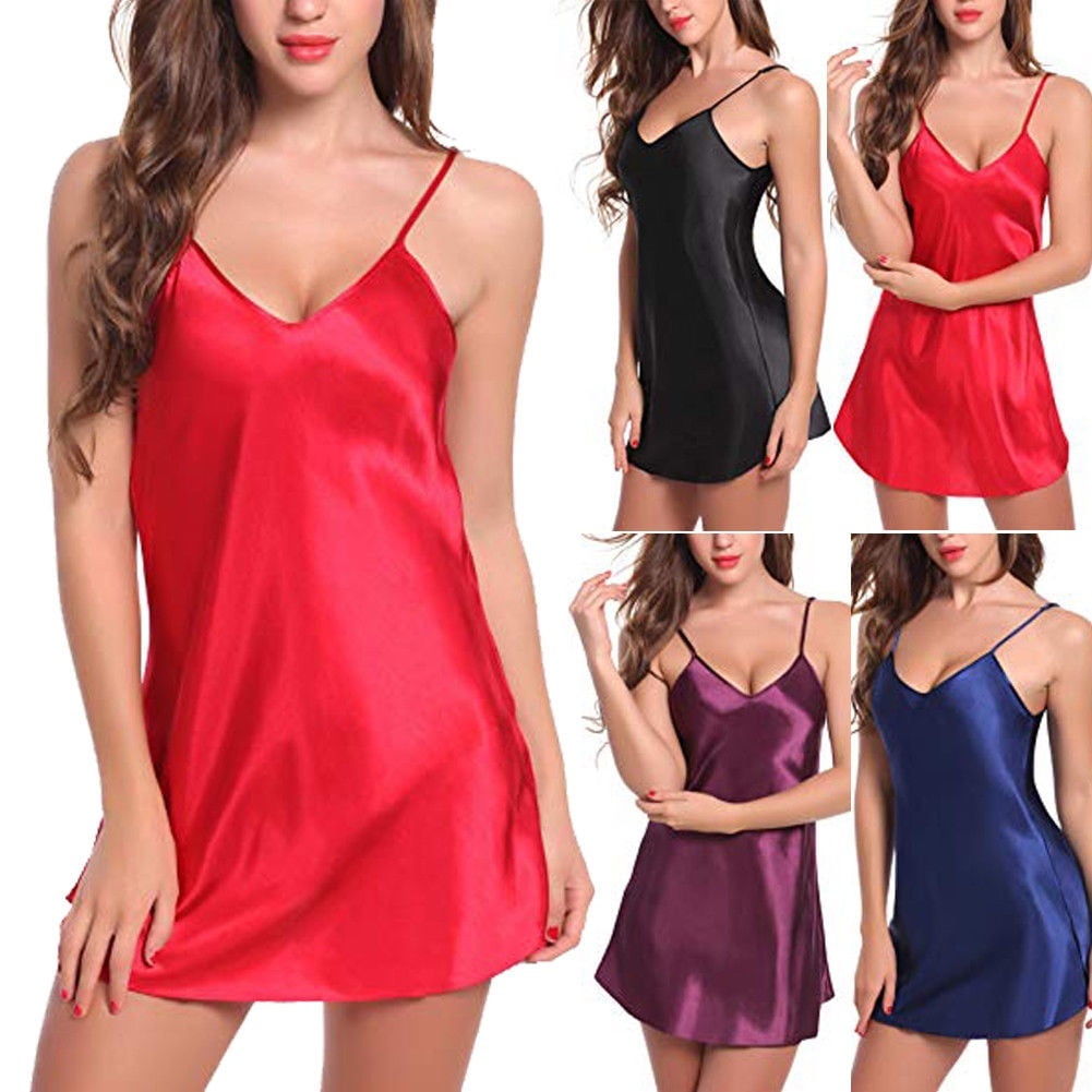 Eyiiye Sexy Women Lace Silky Soft Shiny Satin Chemise Nightdress Nighty Nightwear Purple