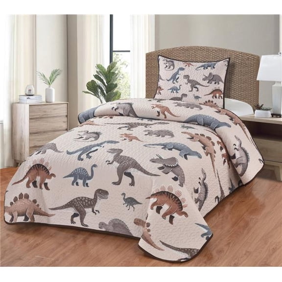 De Leon Collections 63879 Jurassic Journey Childrens Dinosaur Themed T-Rex Decorative Quilt Twin Size Bedding Set
