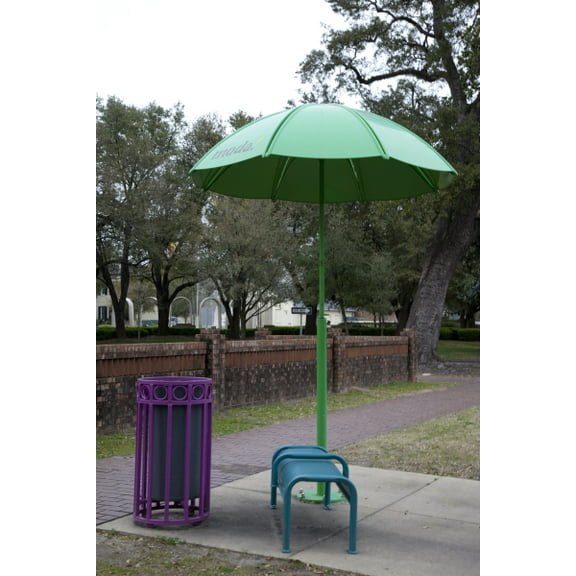 Print: A Colorful Bench, Umbrella And Trash Can Adorn The City Streets In
