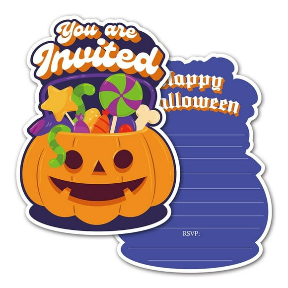Spooktacular Fill-in Invitations Set - 25 Fun Shape Cards with Envelopes for Kids and Adults, Featuring Pumpkins, Ghosts, and Monsters for Halloween Parties and Birthdays