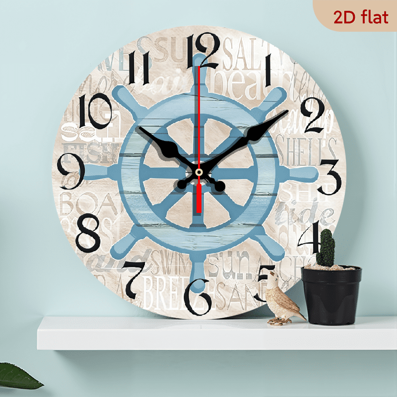 2D Flat, 1pc 10Inch Rustic Farmhouse Nautical Ship Wheel Wooden Wall Clock, Silent Quartz Movement, Round Shape, AA Battery Operated (Not Included), 2D Flat Design, Ideal for Kitchen, Bedroom, Liv