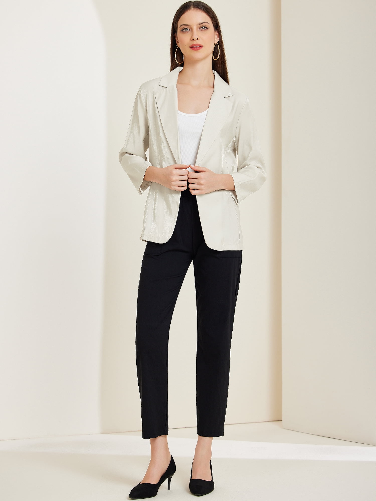 DARING DIVA Women's Open Front Lapel Button Lightweight Blazer Jacket S White