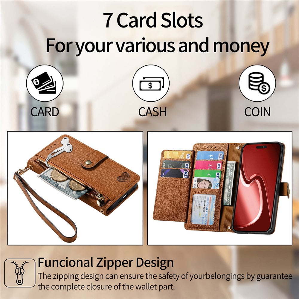 For iPhone 16 Pro Leather Phone Case Wallet Zipper Pocket Pouch Folio Flip Cover Kickstand, Multi Anti-theft Card Holder Cash Slot, Double Magnetic Buckle, Wrist Lanyard,Brown,For iPhone 16 Pro