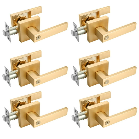 EHOMEWARE 6 Pack Gold Door Knobs Interior Brass Door Handles in Satin Brass Finish, Privacy Function for Bedroom Bathroom, Heavy Duty Gold Door Handles Levers with Modern Design