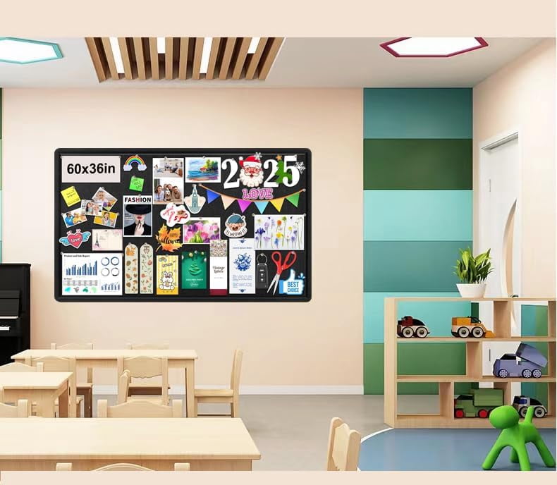 Large Bulletin Board, Foldable 60x36 Inches Cork Board Alternative, Felt Decorative Pin for Wall, Photo Self-Adhesive Vision with 36 Pushpins Black