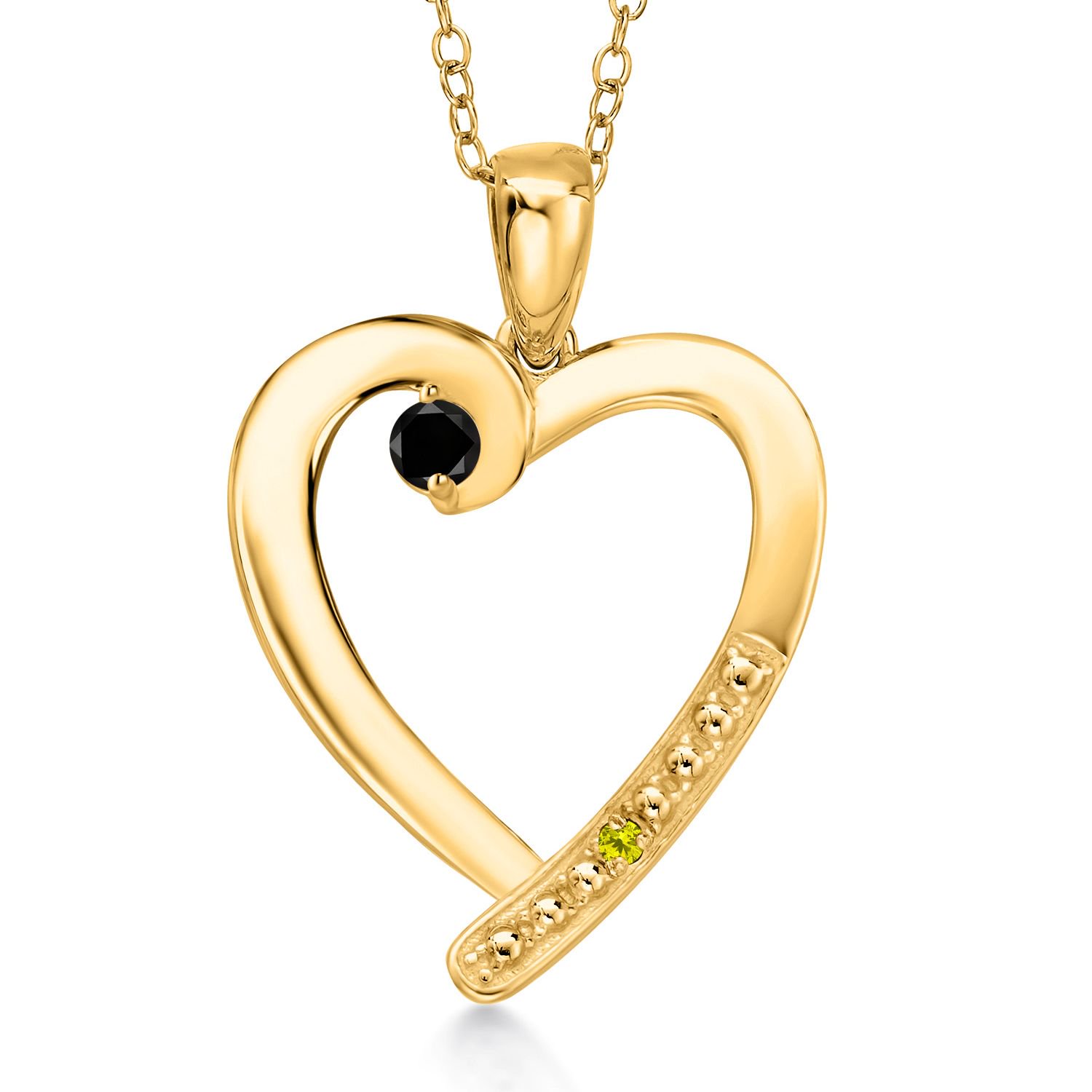 Gem Stone King 18K Yellow Gold Plated Silver Black Diamond and Canary Diamond Heart Pendant Necklace for Women | 0.19 Cttw | Gemstone April Birthstone | Round 3.5MM | With 18 inch Chain