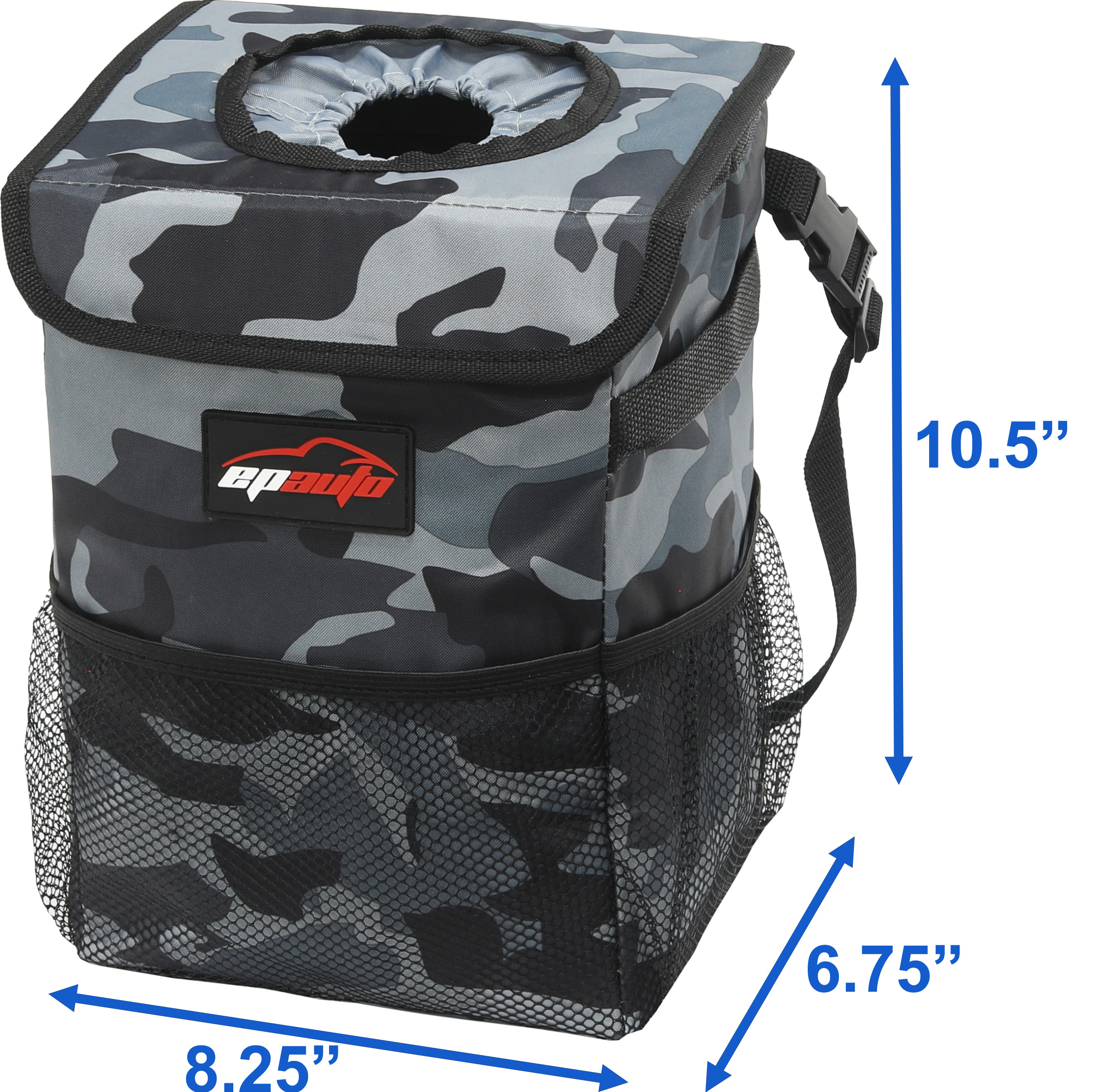 EPAuto Waterproof Car Trash Can with Lid and Storage Pockets (Camouflage  Grey)