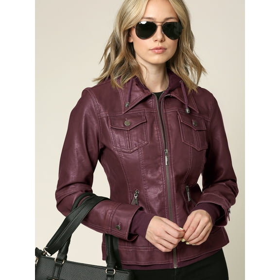 Made by Johnny Women's Faux Leather Jacket with Hoodie XL WINE