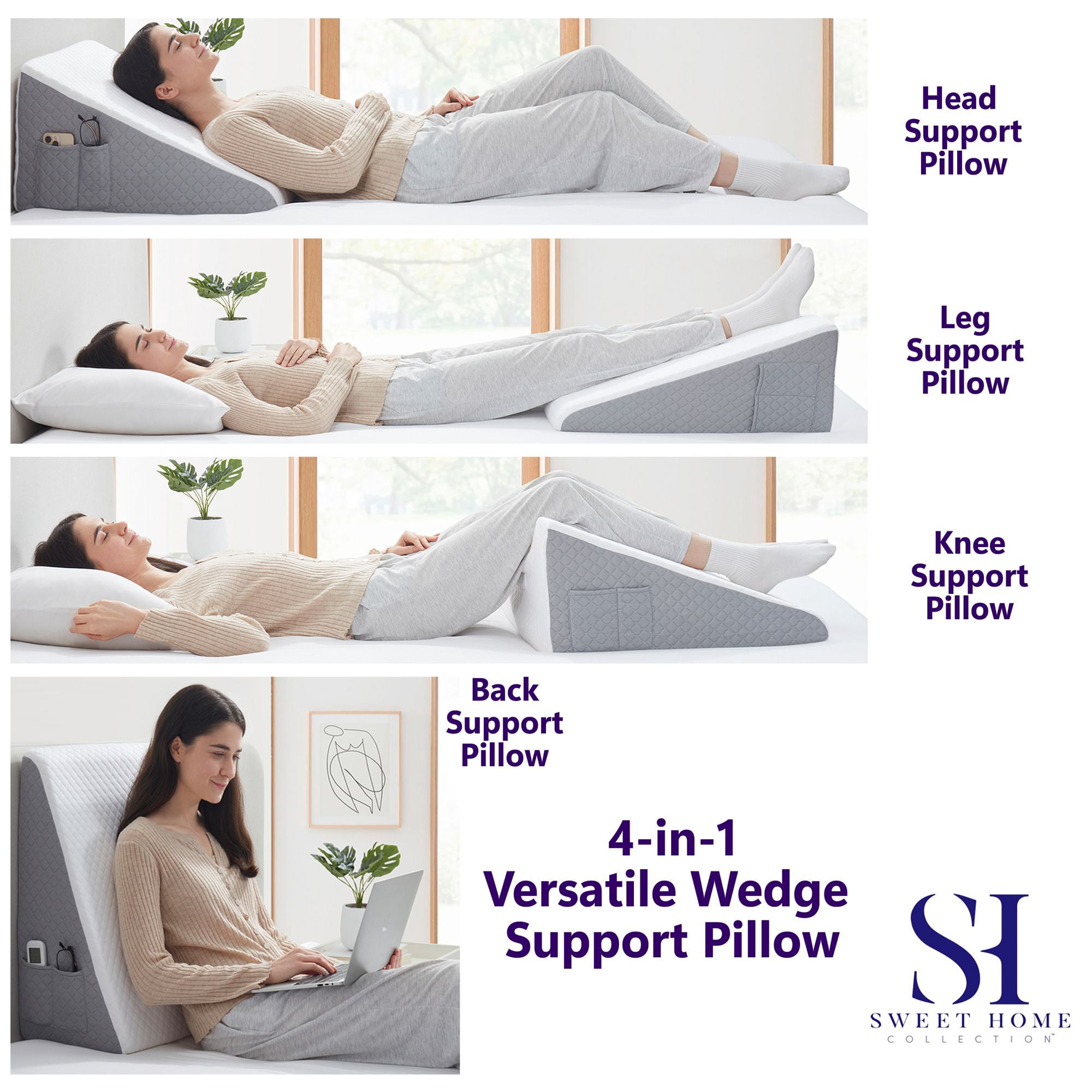 Bed Wedge Pillow with High Density Foam for versatile support by Sweet Home Collection® - 24" x 24" x 12"