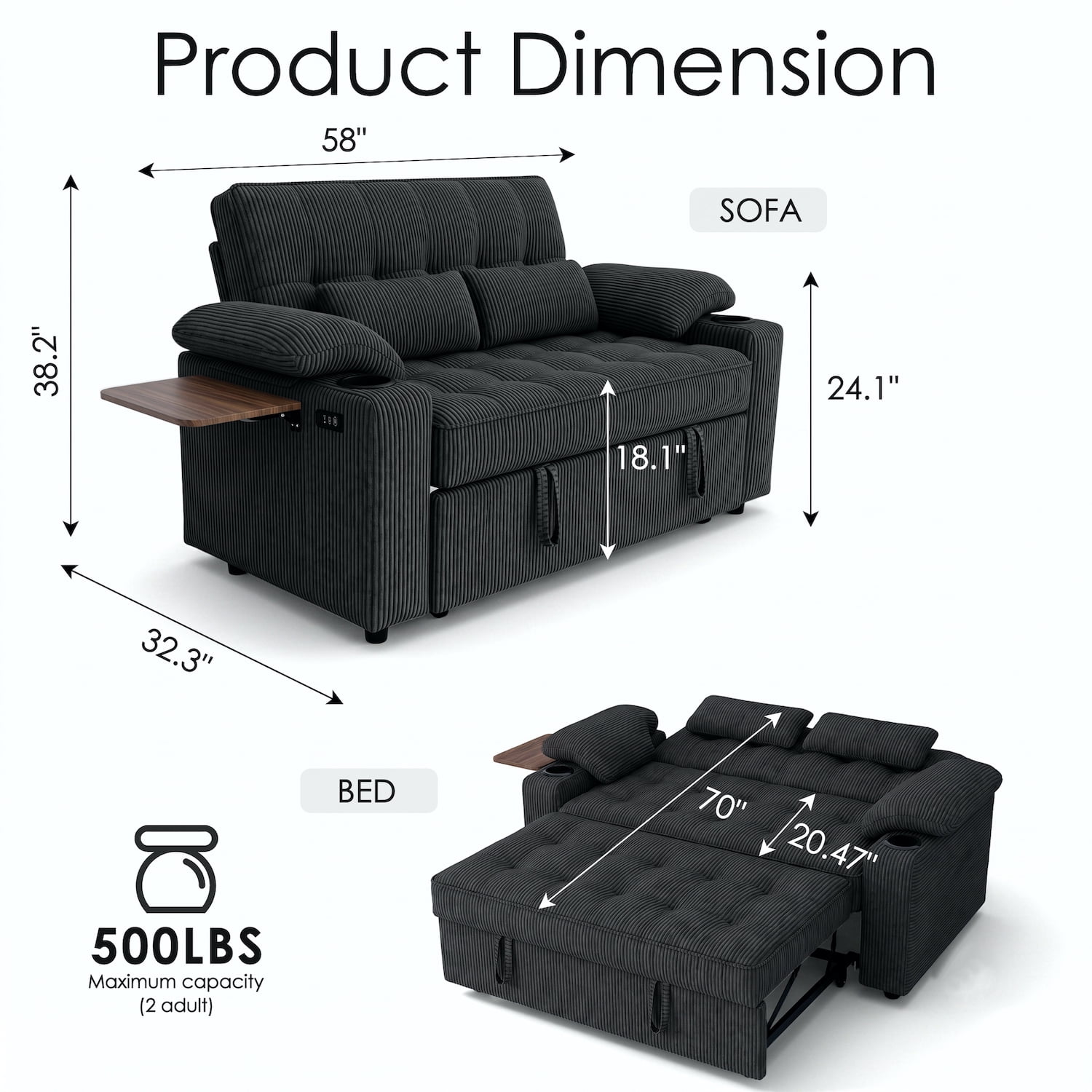 58" Convertible Sleeper Sofa Bed, Full Size Pull Out Couch with USB Charging, Cup Holders, Side Table, Adjustable Backrest, Corduroy Loveseat for Living Room, Apartment, Office (Black)
