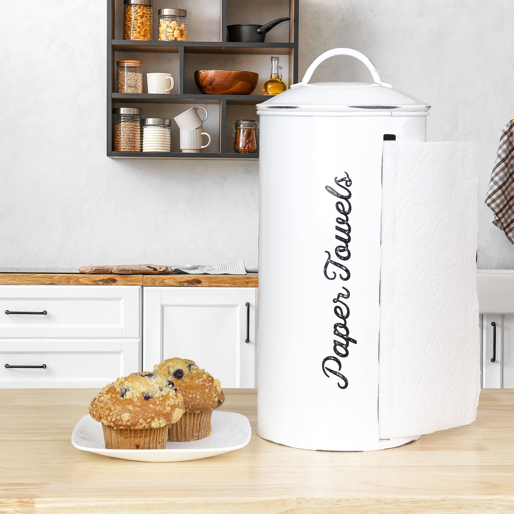 AuldHome Design Farmhouse Paper Towel Holder (White); Rustic Enamelware Countertop Paper Towel Dispenser for Kitchen