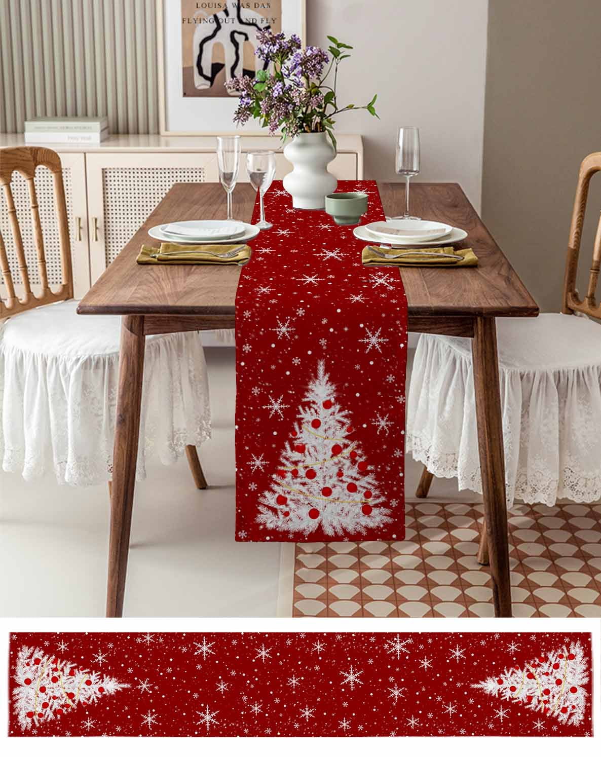 Ldtrchee Red Christmas Tree Table Runner 60 Inches, Winter Balls Snowflake Xmas Tree Bed Runner Dresser Scarves Tabletop for Indoor Outdoor Parties/Ceremony/Banquet, 13" x 60"