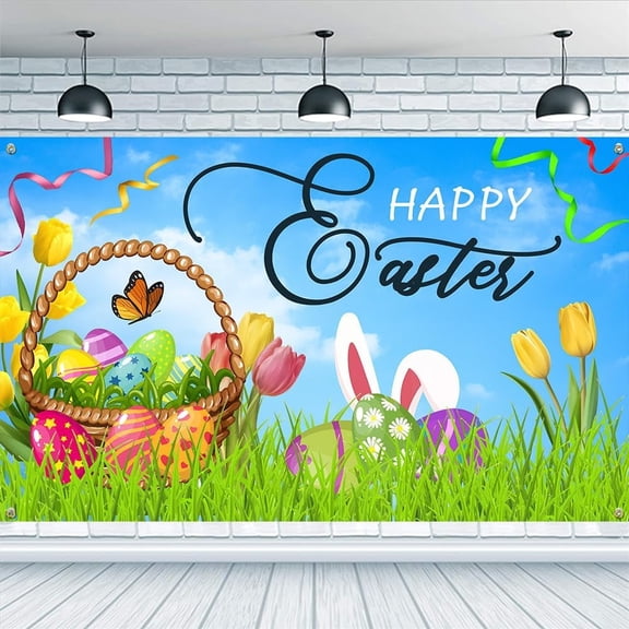 5.9x3.6ft Happy Easter Backdrop Rabbit Ear Easter Eggs Basket Tulip Ribbons Pattern Backdrop Colorful Polyester Banner Decorations Easter Theme Backdrop for Easter Party