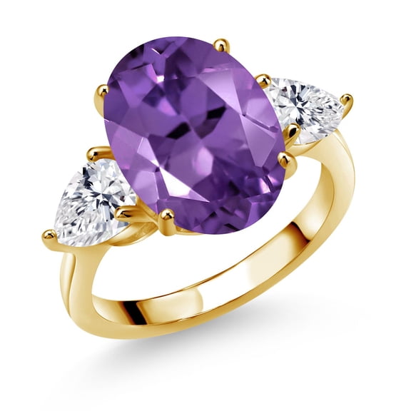 Gem Stone King 18K Yellow Gold Plated Silver Purple Amethyst and Lab Grown Diamond Engagement Ring for Women | 8.04 Cttw | Oval 14X10MM | Gemstone February Birthstone | Size 8