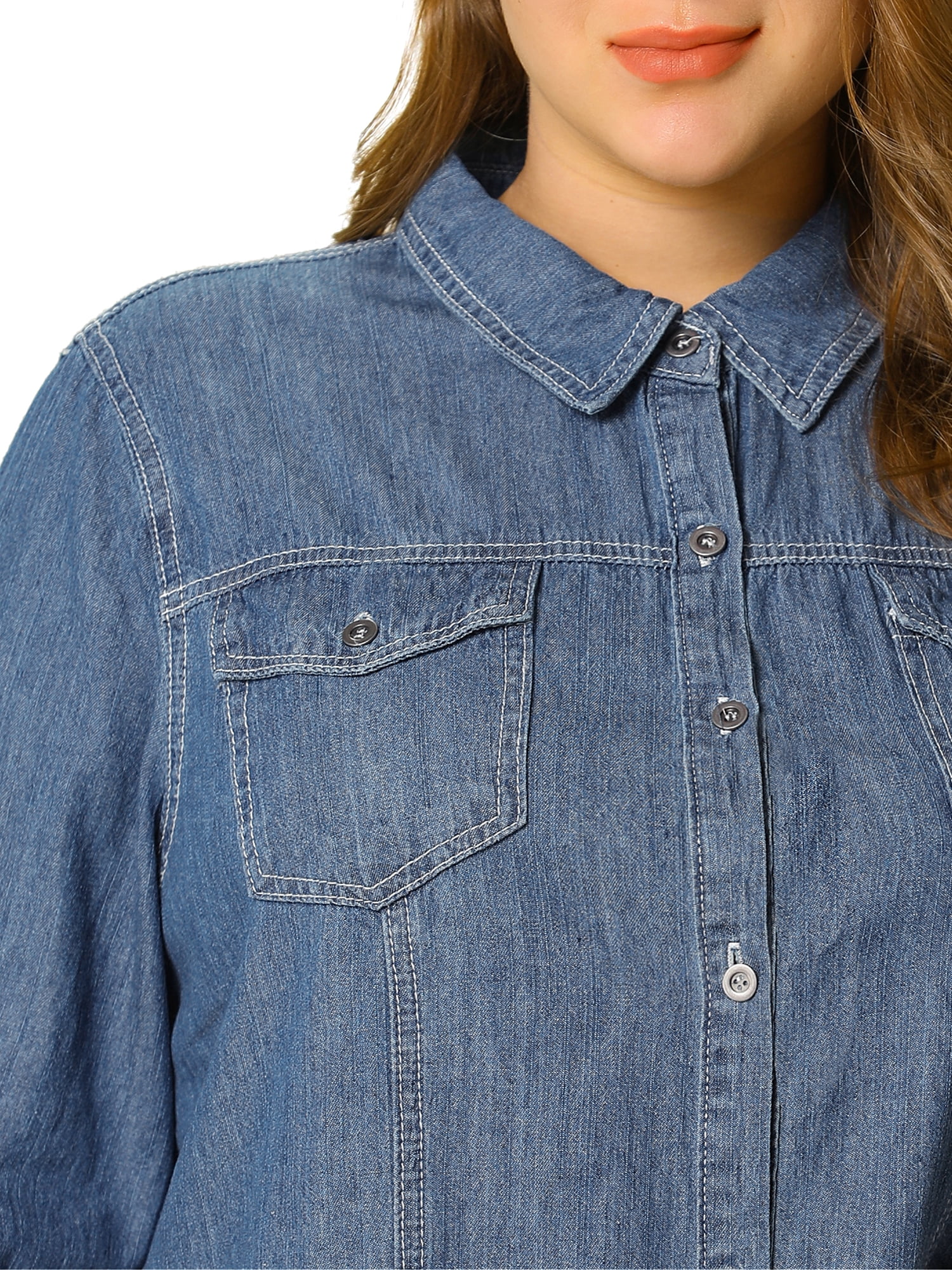 Women's Plus Size Long Sleeve Belted Above Knee Denim Shirt Dress