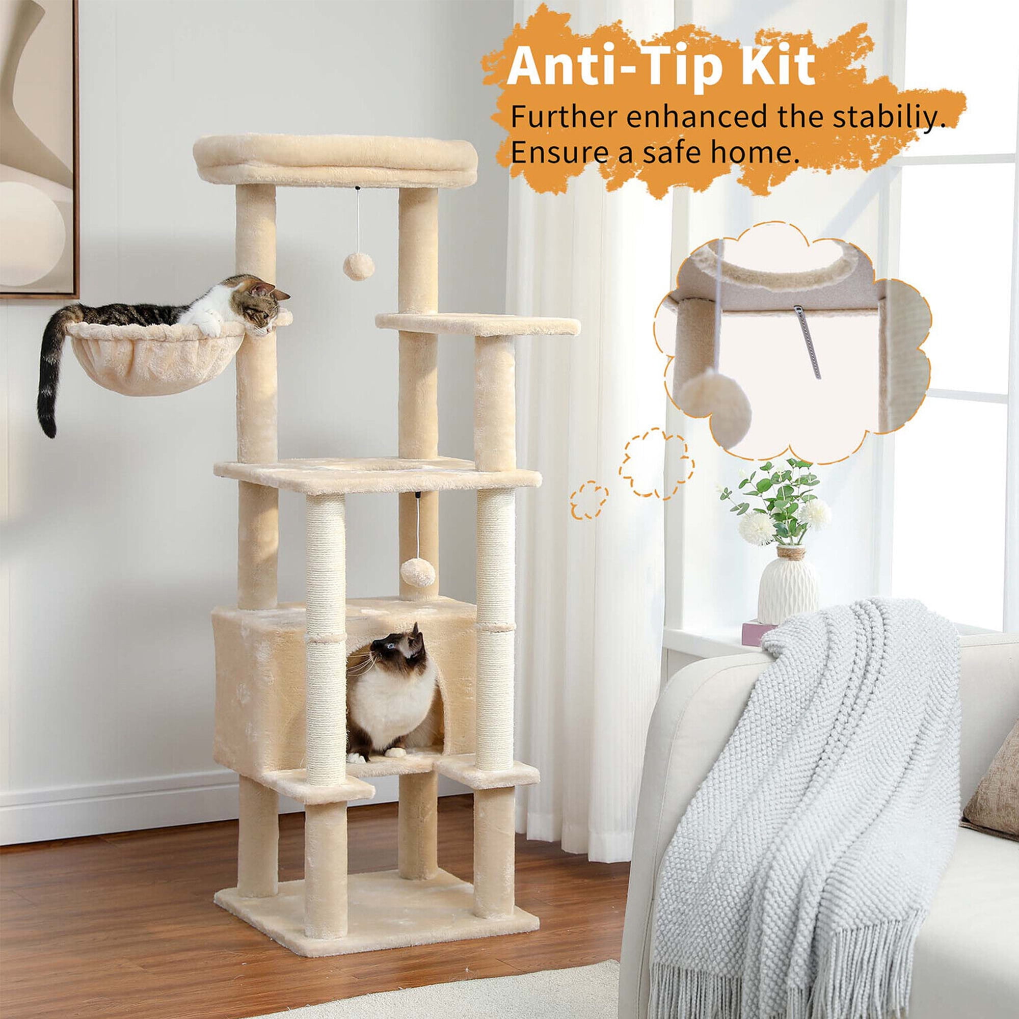 Kadyn 54" Cat Tree Tower for Big Cats, Cat Tree House Furniture with Hammock, Indoor Cat Condo for Adult Cats, Beige