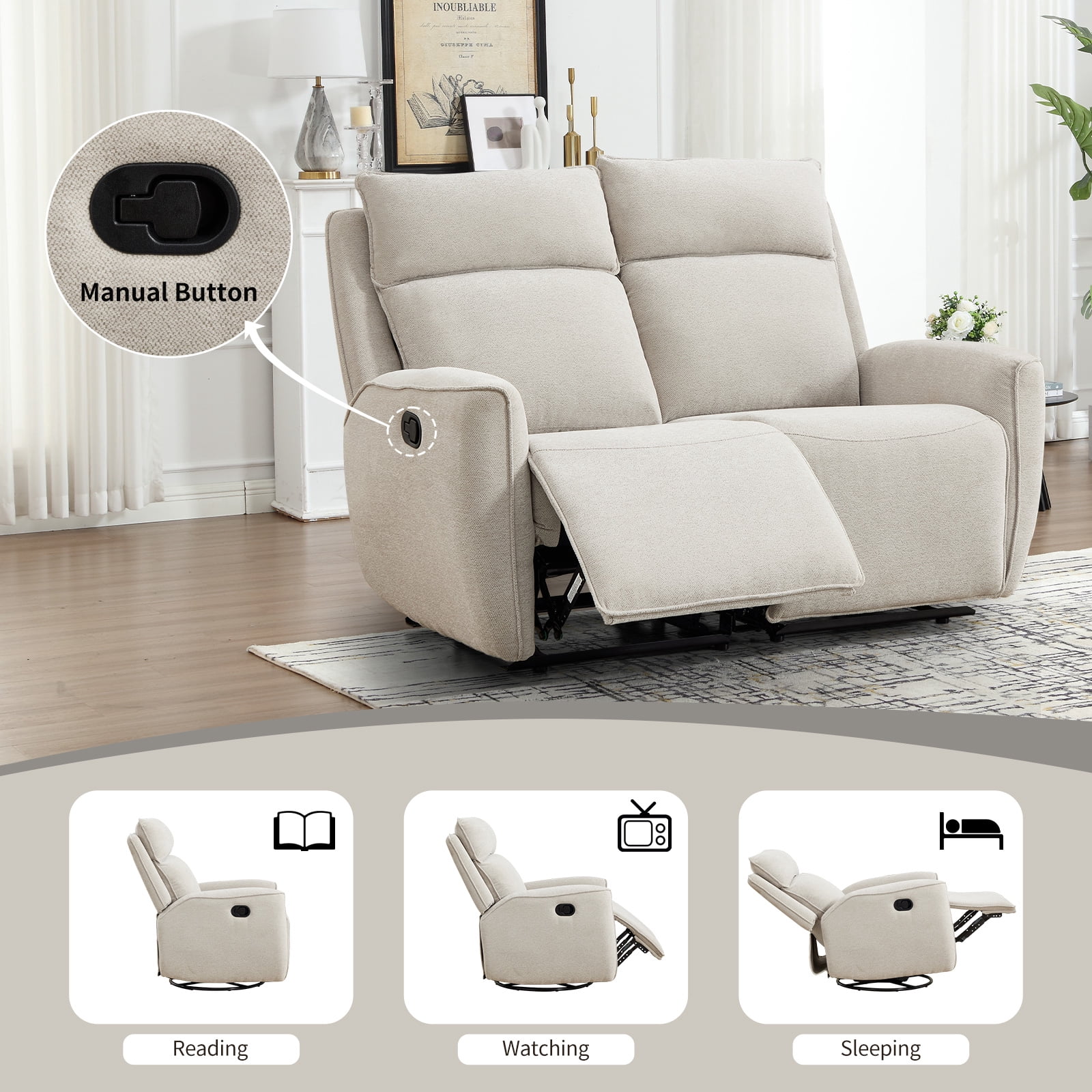 Bonzy Home Fabric Manual Loveseat Recliner with Center Console, Hidden Storage & Cup Holders — Dual Manual Reclining Sofa for Living Room & Meeting Room