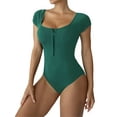 thumbnail image 3 of hirigin Women One Piece Swimsuit Solid Color Short Sleeves Zipper Padded Bikini Bodysuit Beachwear Bathing Suits, 3 of 6
