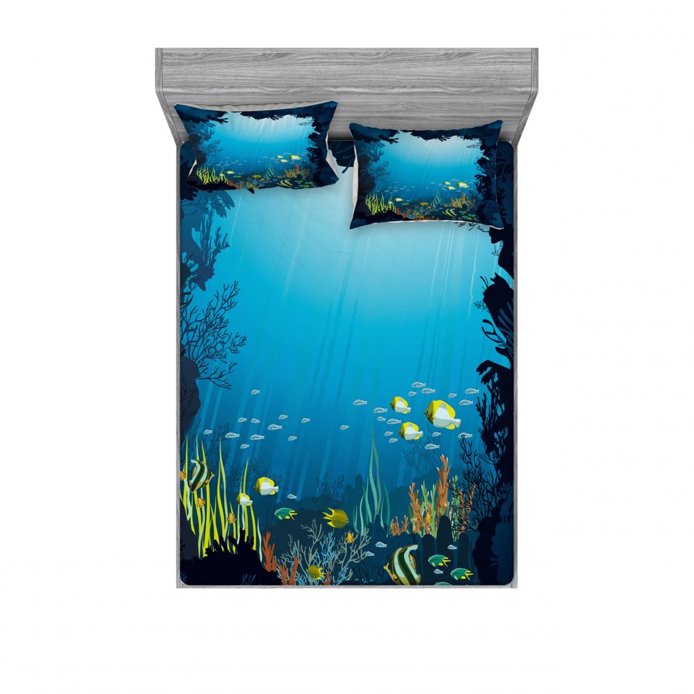 Ocean Bedding Set with Sheet & Covers, Topical Underwater Cave Fishes