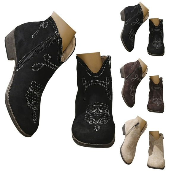 Pandaie Cowboy Boots for Women Cowgirl Western Ankle Booties Low chunky Heel Round Toe Fall Boots Ladies Fashion Retro Walking Shoes Black 6.5