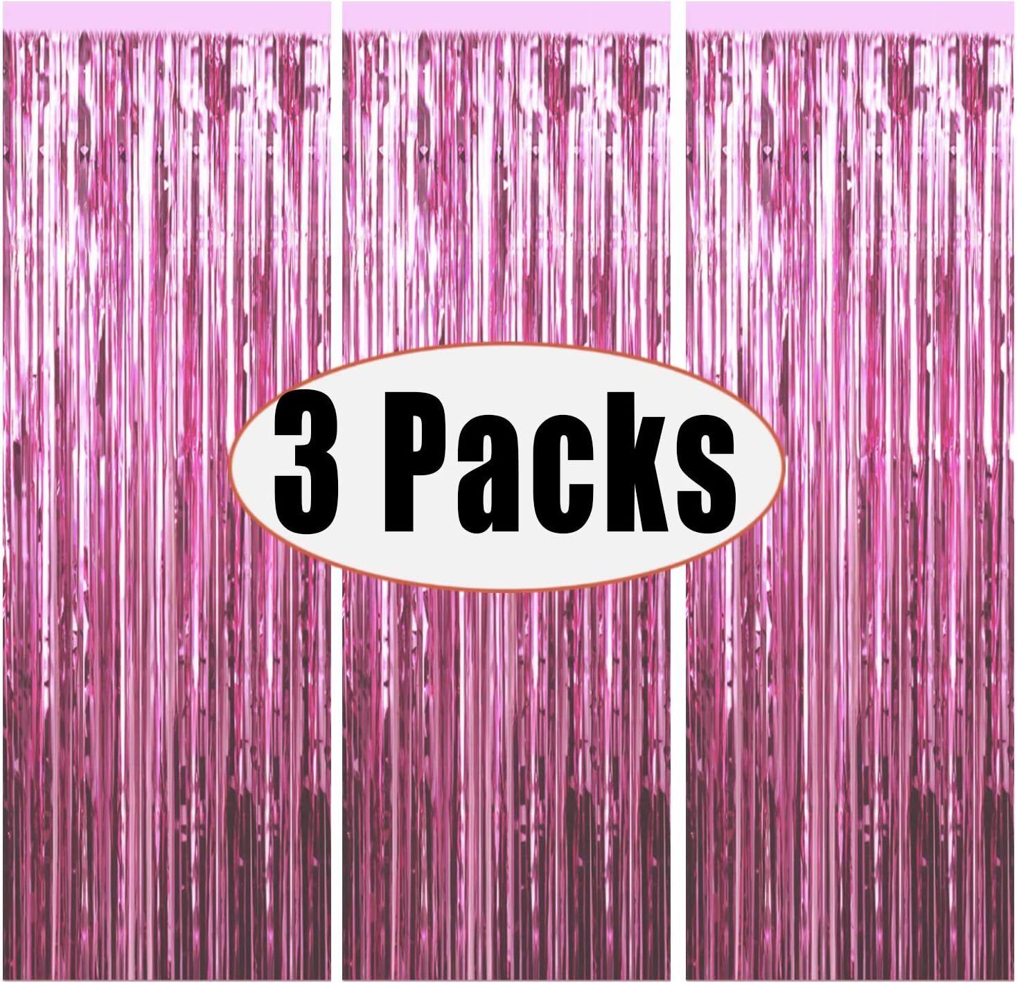 Wattne 3 Pack Metallic Tinsel Fringe Curtains Backdrop, Rose Pink photo 2