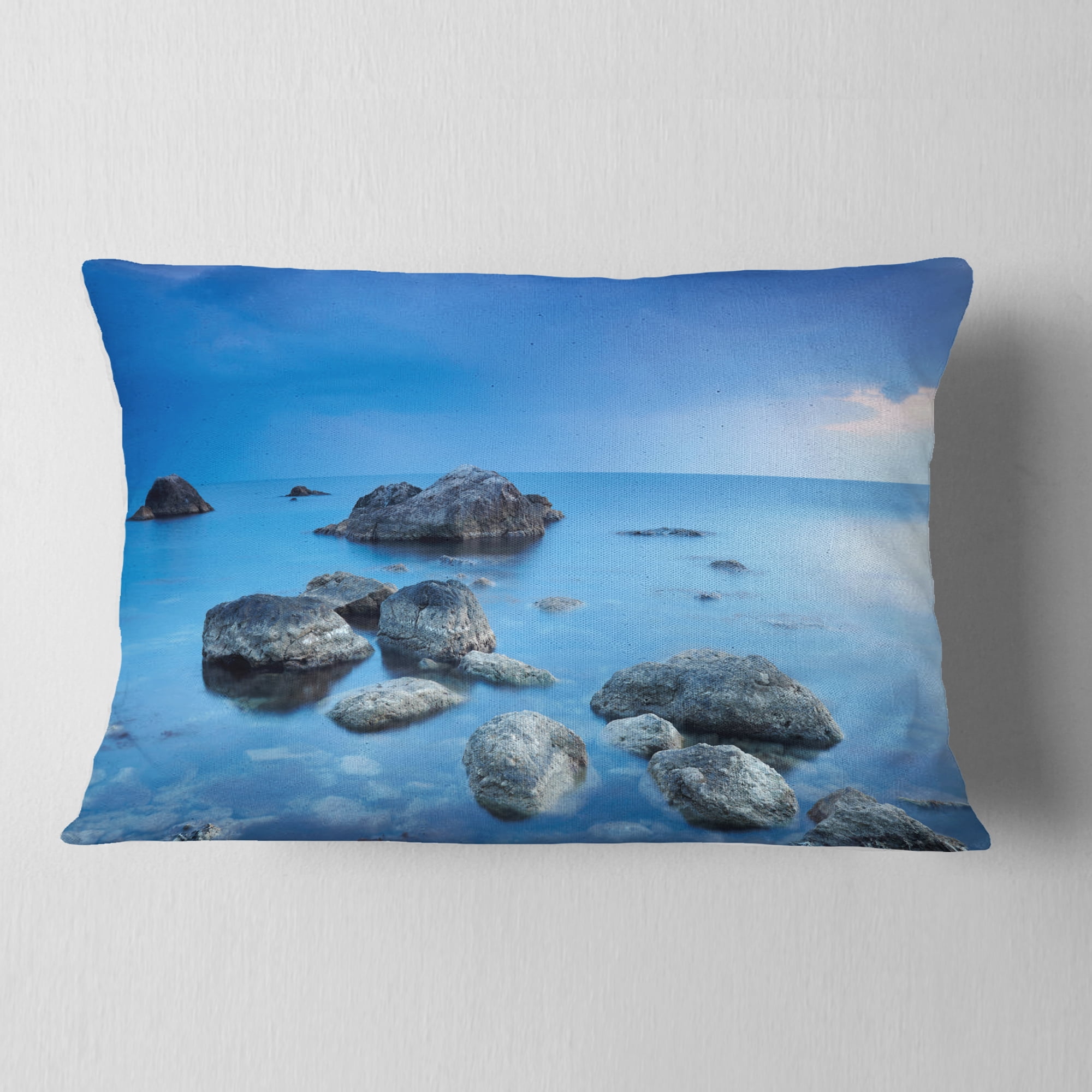 Designart Rocky Blue Sea - Seascape Photography Throw Pillow - 12x20