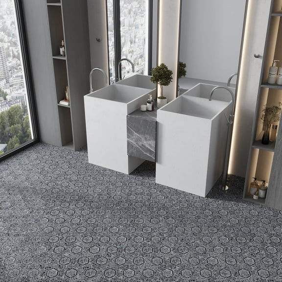 Stellare 11 x 12 in. Honed Charcoal Gray, Black Terrazzo, Marble Mosaic Hexagon Wall and Floor Tile (4.38 sq ft/case) - 5 Pack