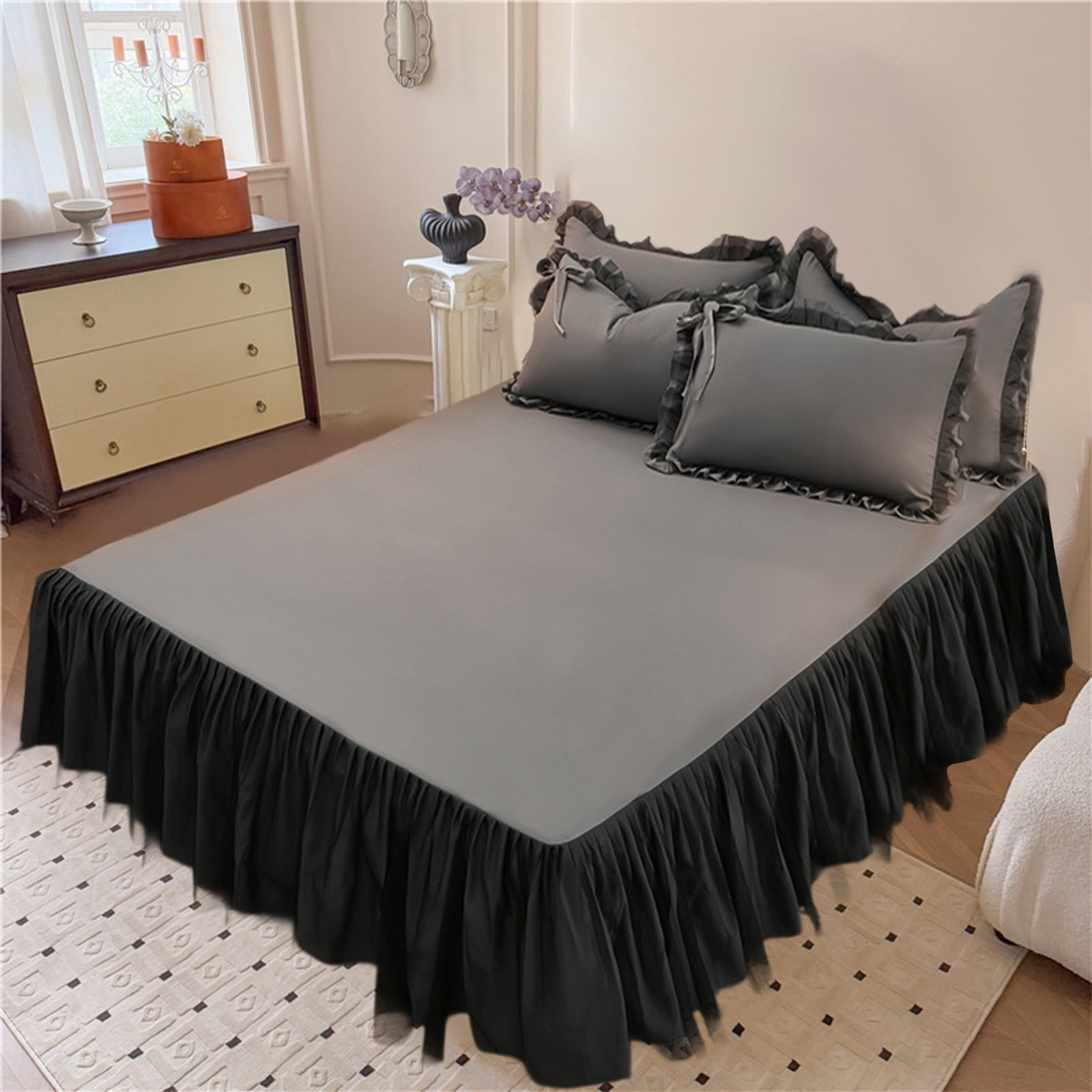 Tunhigl Queen Mattress Cover with Bed Skirt, Fitted Sheet, Anti-Slip Dust Barrier, Fitted Ruffle 15" Drop, Machine-Washable Microfiber, Deep-Pocket for 8-18" Mattress, Home Hotel Use Dark Gray